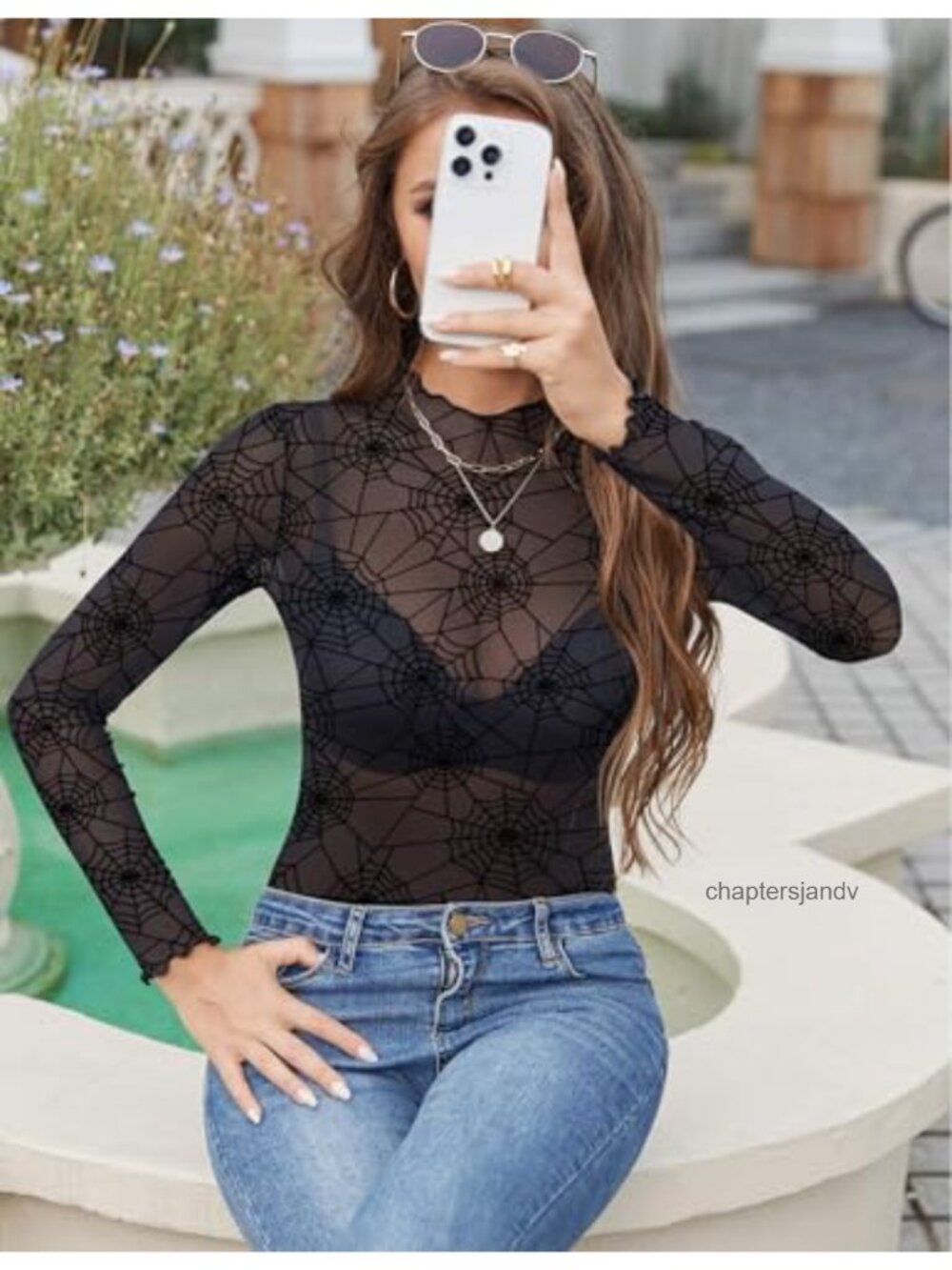 Mesh Long Sleeve Mock Neck See Through Top Slim Fit Blouse - Picture 2 of 3